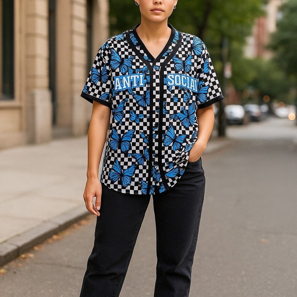 Cult Favorite Butterfly‎ Checkered Antisocial Short Sleeve Top Women's XS